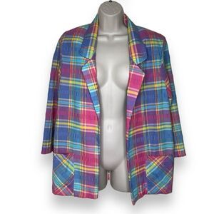 Vintage Bye 1 Madras Plaid Seersucker Open Front Jacket Women 12 Unlined Pockets